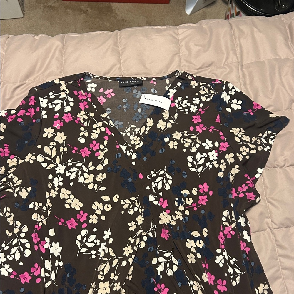 Lane Bryant Floral V-Neck Blouse - Brown, Pink, White, Blue